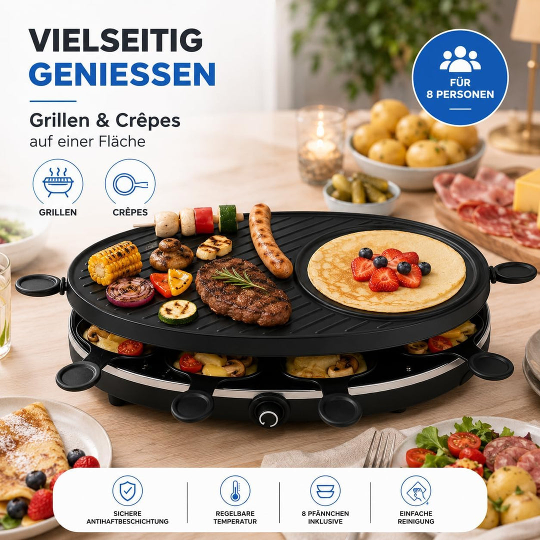 Raclette Set für 8 Personen - Grill oval - Mit Crepes Funktion - Tischgrill inkl. Pfännchen &amp; Schabe