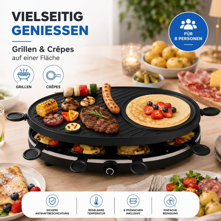 Raclette Set für 8 Personen - Grill oval - Mit Crepes Funktion - Tischgrill inkl. Pfännchen &amp; Schabe