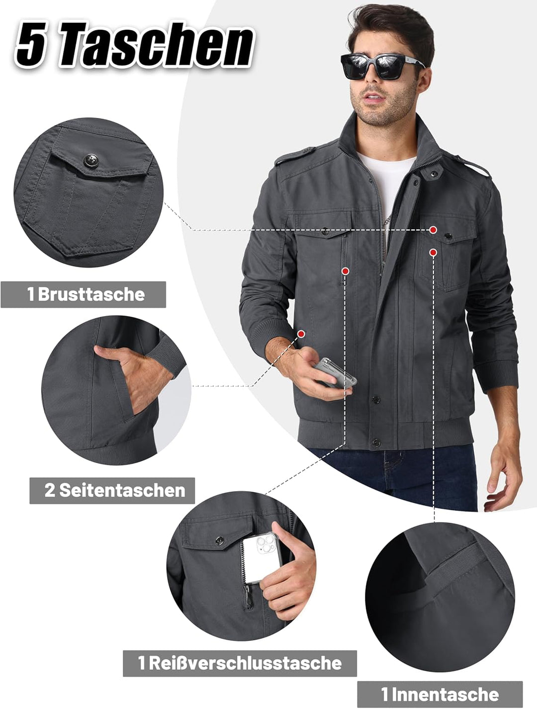 MAGCOMSEN Herren Übergangsjacke Cargo Outdoorjacke Winddicht Frühling Jacke Militär Armee Fliegerjac