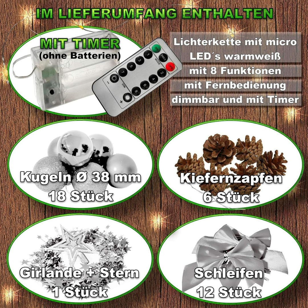 Weihnachtsbaum künstlich (WBD) 75 cm grün mit Weihnachtsdeko Silber und Led Lichterkette mit Batteri