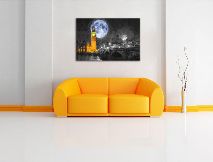 schöner Mond hinter der Big Ben in London Format: 100x70 auf Leinwand, XXL riesige Bilder fertig ger