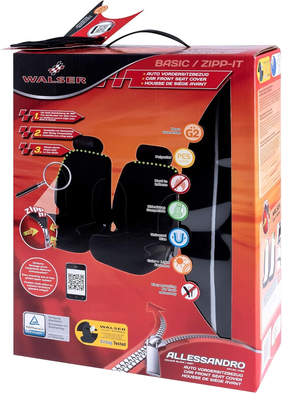 WALSER Auto-Sitzbezug 2 Vordersitzbezüge Allessandro mit Reissverschluss, ZIPP-IT Premium Auto-Schon