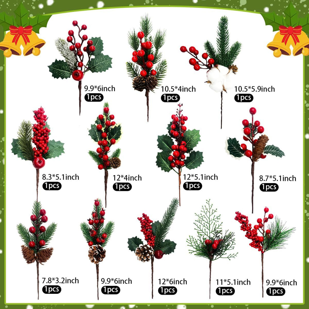 Weihnachten Künstliche Tannenzweige, 12 Stück Kleine künstliche Tannenzweige, mit Beeren und Tannenz