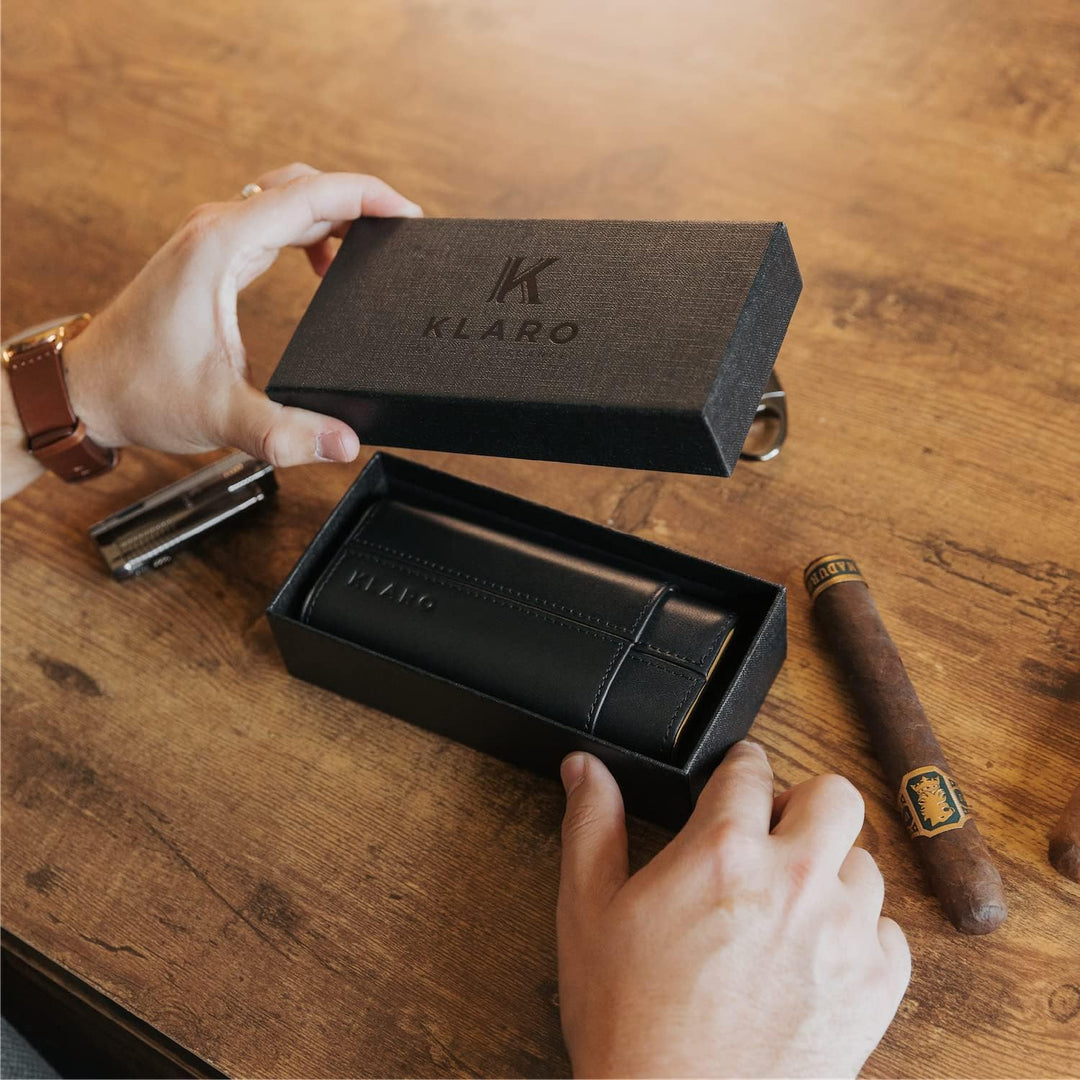 CASE ELEGANCE Premium-Schutzhülle für 3 Zigarren, echtes schwarzes Echtleder, Zedernholz gefüttert m