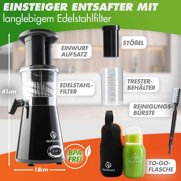 NUTRI-PRESS Slow Juicer Entsafter - BPA-frei | Elektrische Obst & Gemüse Saftpresse | BPA-Frei | Ger