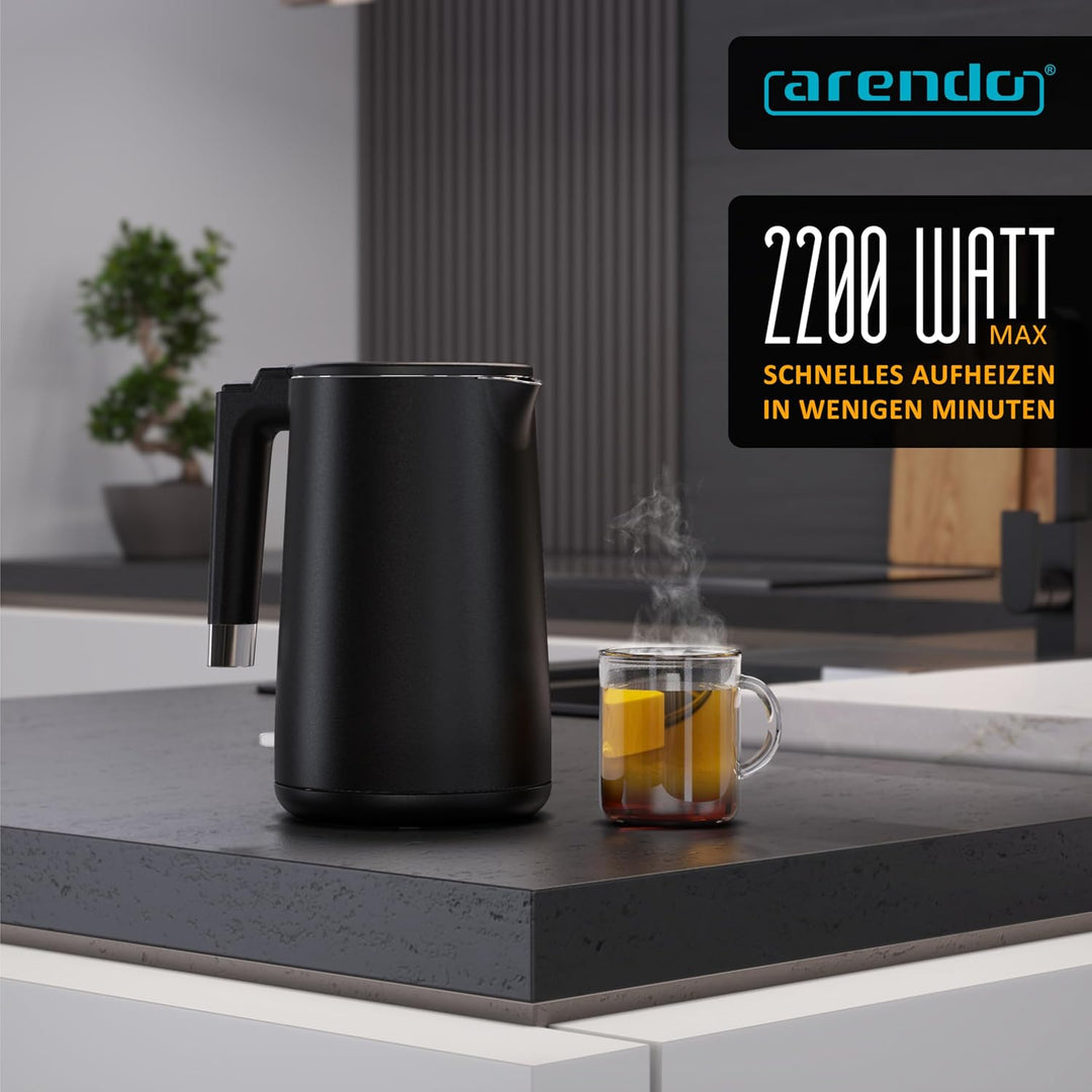 Arendo - Wasserkocher Edelstahl – 1,5 Liter - 2200 Watt – Doppelwand-Design – 360° Controller – BPA-