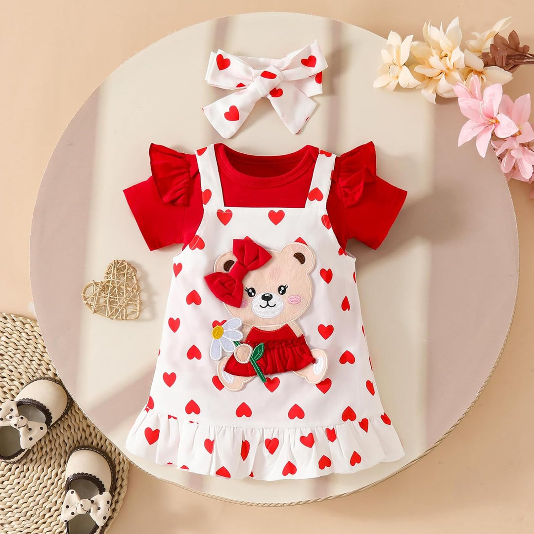 Baby Outfits für Mädchen mit Herz Print kurzärmelig Strampler Hosenträgerrock Bären Kleid Schleife S