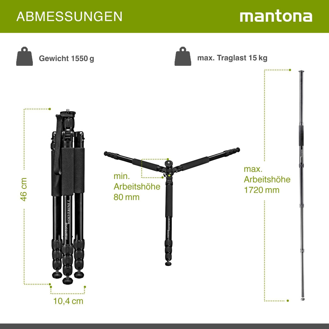 Mantona Wolverine L 284 Kamerastativ Aluminium, Fotostativ bis 15 kg, höhenverstellbar bis 166 cm, S