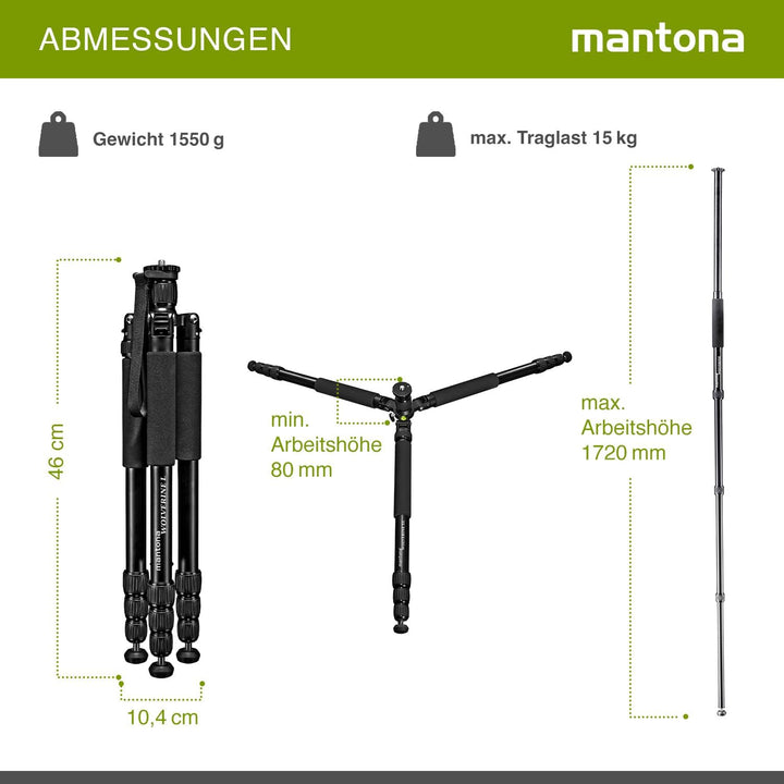 Mantona Wolverine L 284 Kamerastativ Aluminium, Fotostativ bis 15 kg, höhenverstellbar bis 166 cm, S