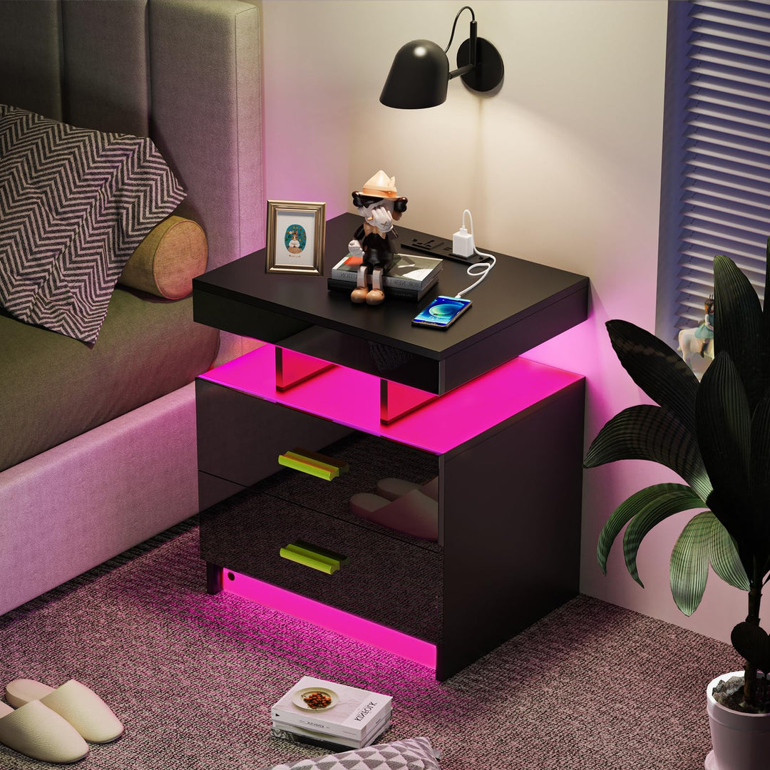 Lvhecforhm Nachttisch mit Ladestation, Nachtschrank mit Steckdosen und USB Anschlüsse, Nachttisch mi