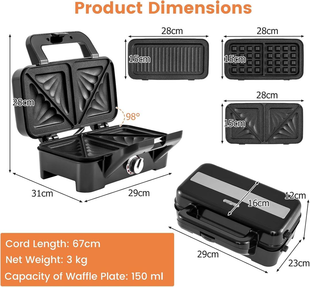 SOARS Sandwichmaker 3-in-1, 1200 W, elektrische Panini-Maschine mit 5 einstellbaren Temperaturen, do