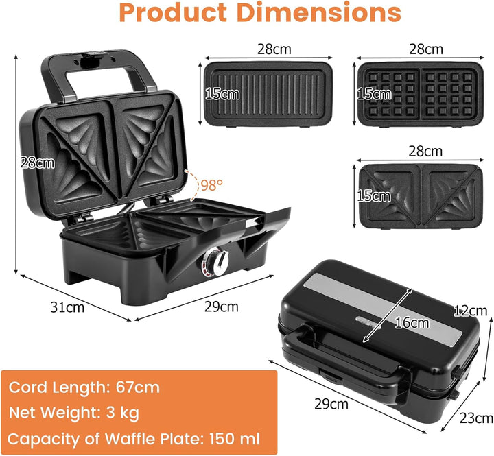 SOARS Sandwichmaker 3-in-1, 1200 W, elektrische Panini-Maschine mit 5 einstellbaren Temperaturen, do
