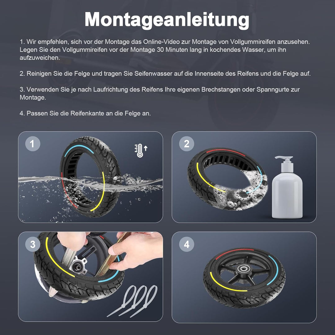 250 x 54 Vollreifen für Xiaomi 4 Pro (Gen 1) / 4 Lite Elektroroller, 10 x 2,125 Vollgummireifen für