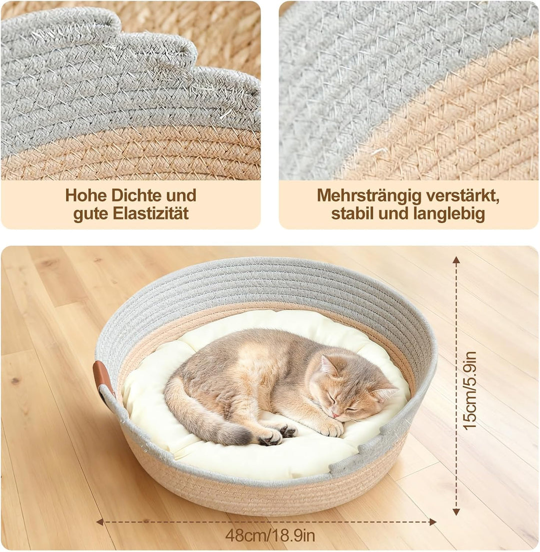 Katzenbett mit Kissen, 47cm Katzenkorb zum Schlafen für Alle Katze, Katzenkörbchen Waschbar aus Baum