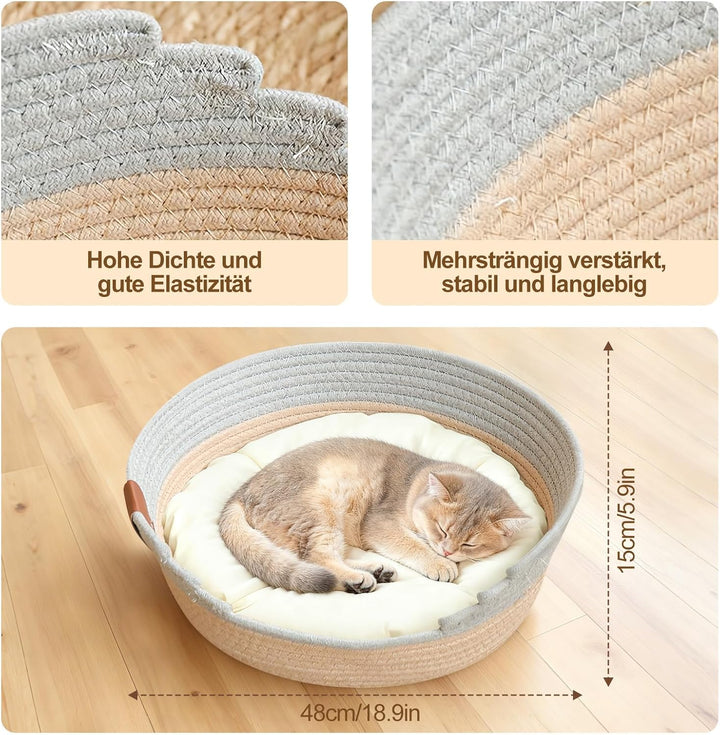 Katzenbett mit Kissen, 47cm Katzenkorb zum Schlafen für Alle Katze, Katzenkörbchen Waschbar aus Baum