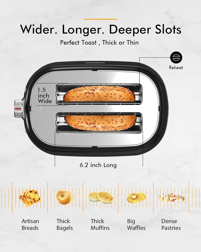 LONGDEEM Toaster–2 Toastschlitze, Edelstahl Toaster, Toaster 2 scheiben, 6 Stufen, Auftaufunktion, A