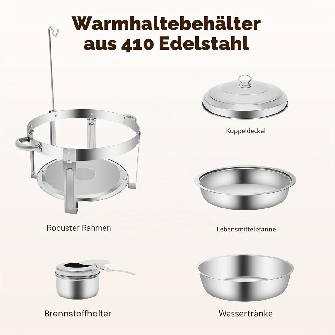 7.5L Edelstahl Rund Chafing Dish, Speisenwärmer Profi Set, Warmhaltebehälter, mit Brennstoffpastenbe