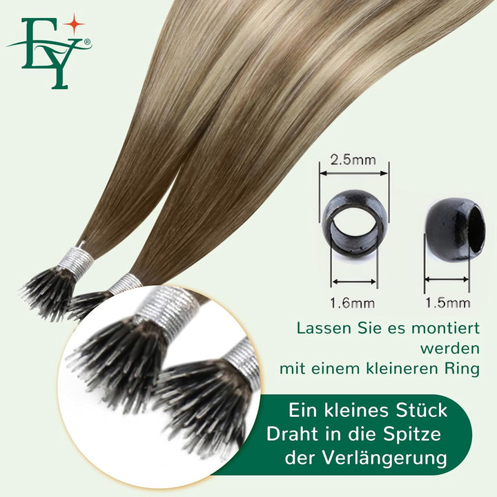 Easyouth Extensions mit Nanoring Echthaar 14 Zoll 50 Stück 50g Farbe Dunkelbraun tu Aschbraun Mix Mi