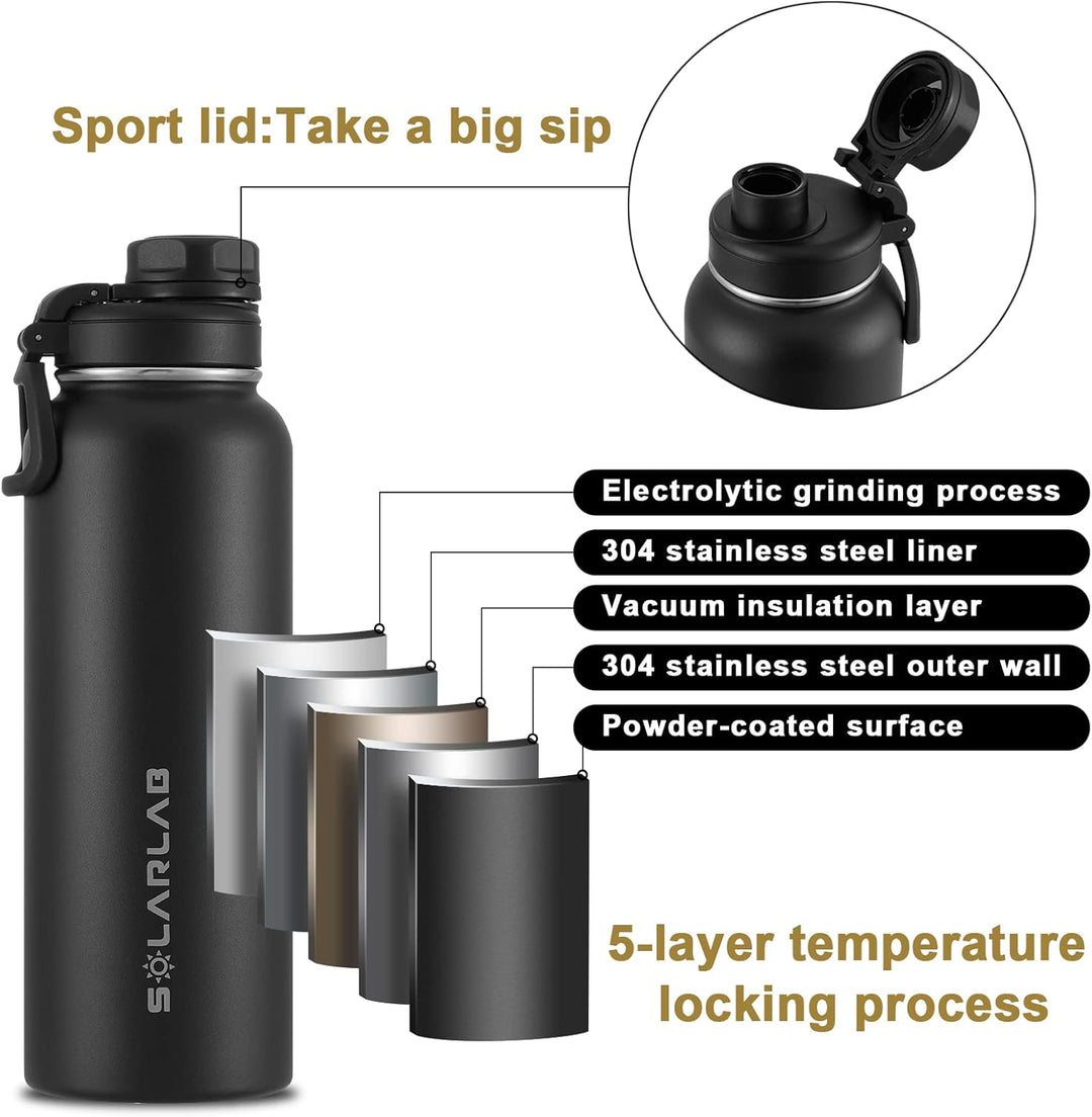 SOLARLAB Trinkflasche edelstahl - Thermoflasche Isolierflasche Thermoskanne 1l für heisse und kalte