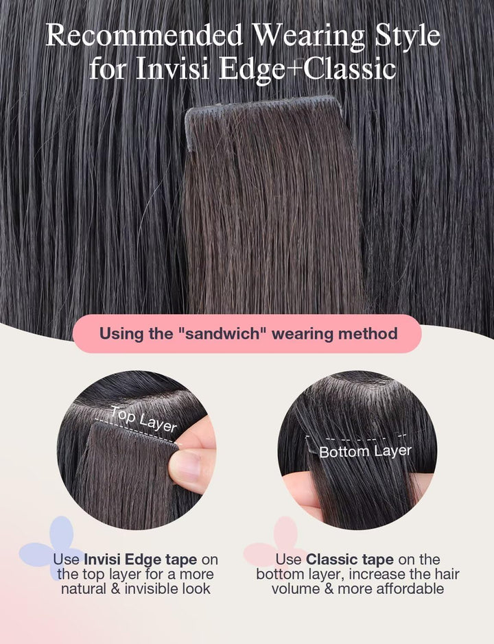 DOORES Injected Tape in Weft Haarverlängerungen, 35 cm 25 g 10 Stück, Tiefschwarz, innovative Injekt