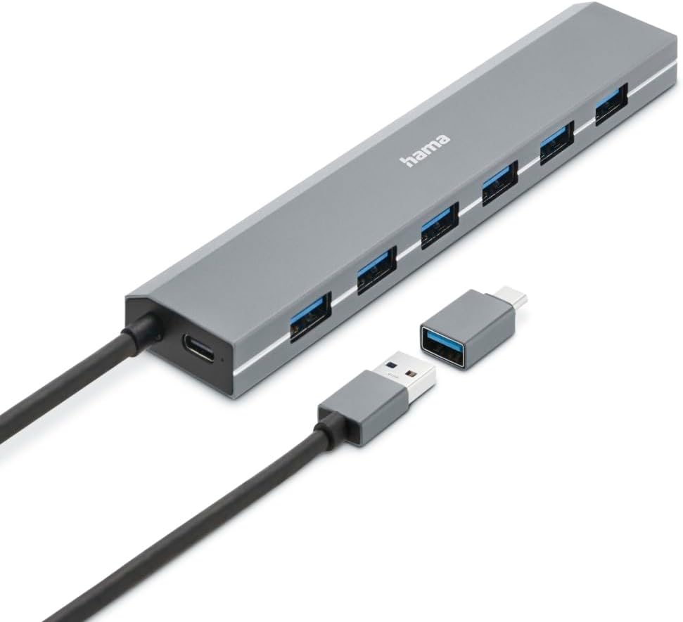 Hama USB-Hub 7 Ports (USB-A und USB-C-Anschluss, mit Netzteil, 7x USB-A für Maus, Tastatur, externe