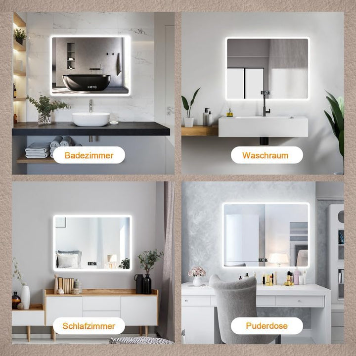 Boromal LED Badspiegel mit Uhr 80x60cm Badezimmerspiegel mit Beleuchtung 6500K Kaltweiss Wandspiegel