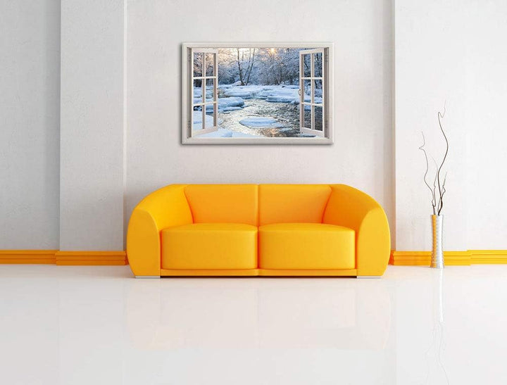 Pixxprint Bach in Winterlandschaft, Fenster Leinwandbild | Grösse: 100x70 cm | Wandbild | Kunstdruck