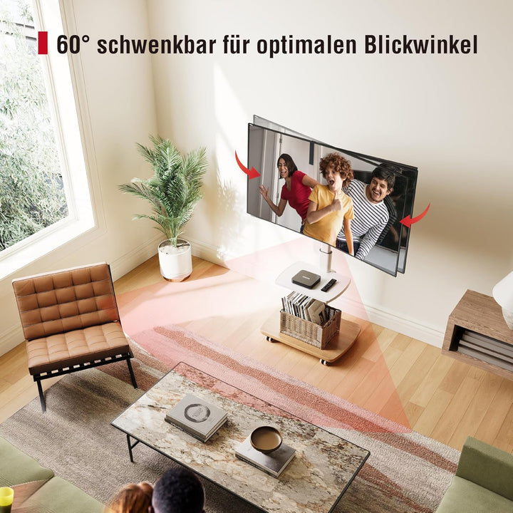 AOKCOS TV Ständer Rollbar mit Holzablage Regal, Fernsehständer auf Rollen für 32-65 Zoll Fernseher,