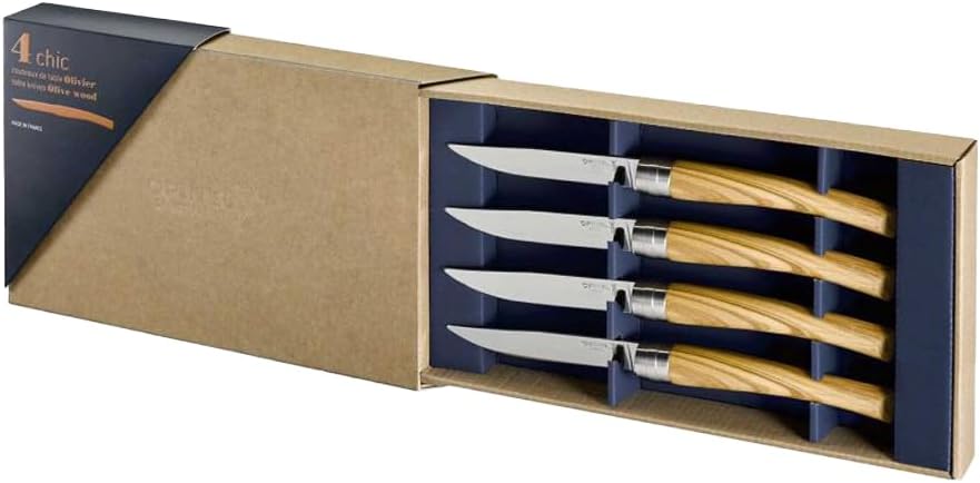Opinel Table Chic Messer Set aus Olivenholz in der Farbe Braun, enthält 4 Messer, Klingenlänge: 10 c