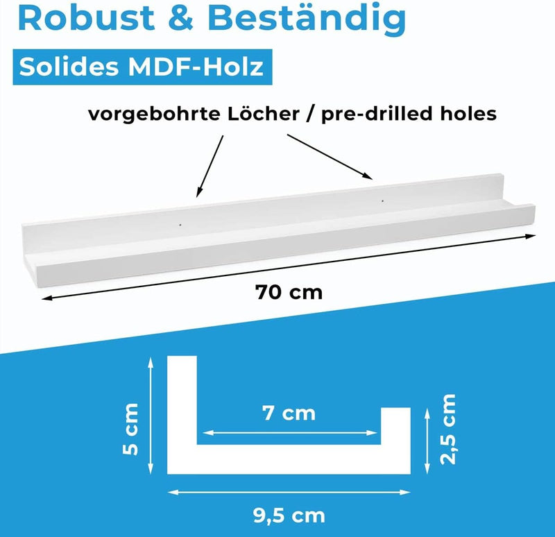 PHOTOLINI Wandregal stabiles MDF-Holz Weiss 70 cm, Schweberegal, 2er Set, modernes Design, Bilderlei