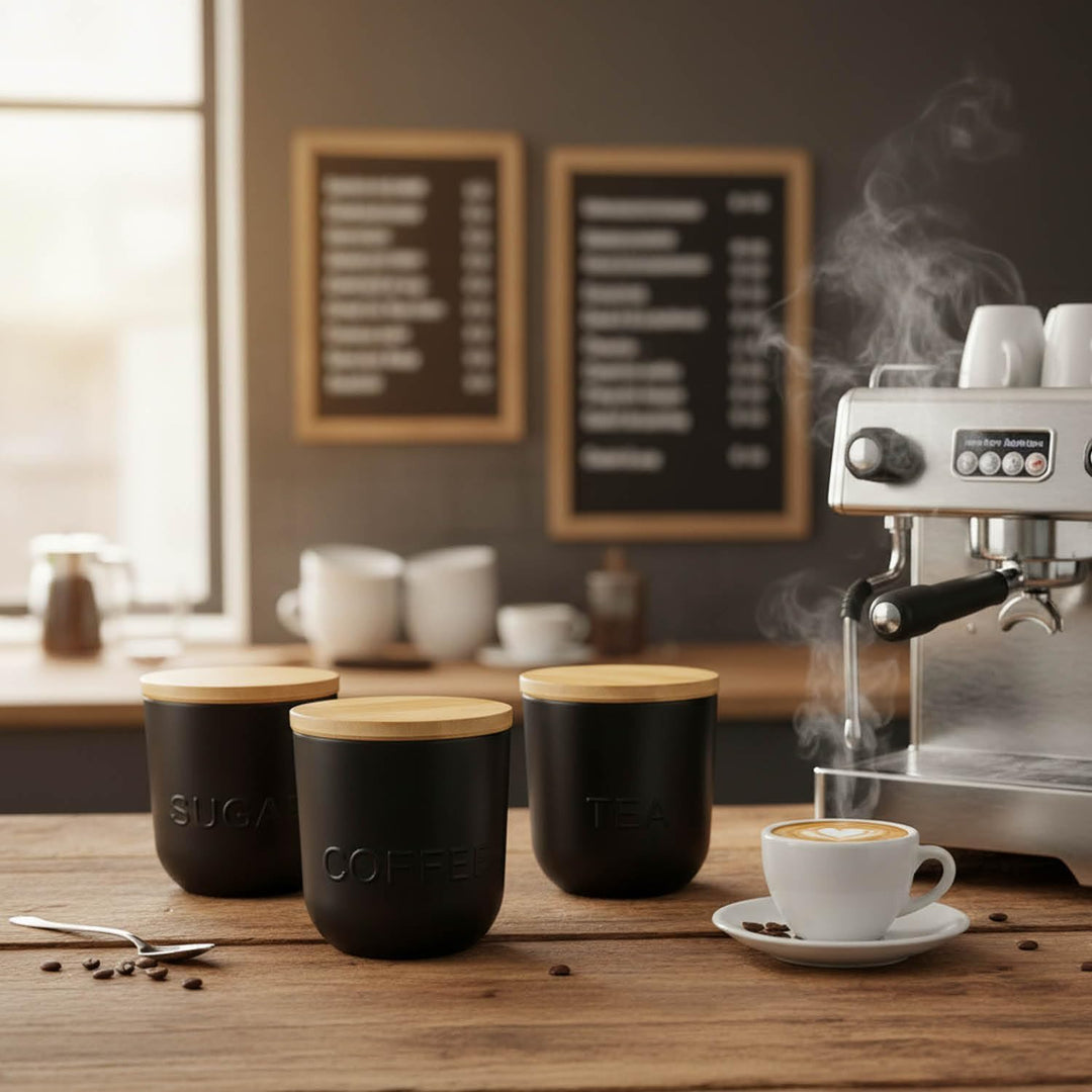 com-four® 3er Vorratsdosen Set mit Bambusdeckel, Kaffee, Tee und Zucker | runde Vorratsbehälter je 1