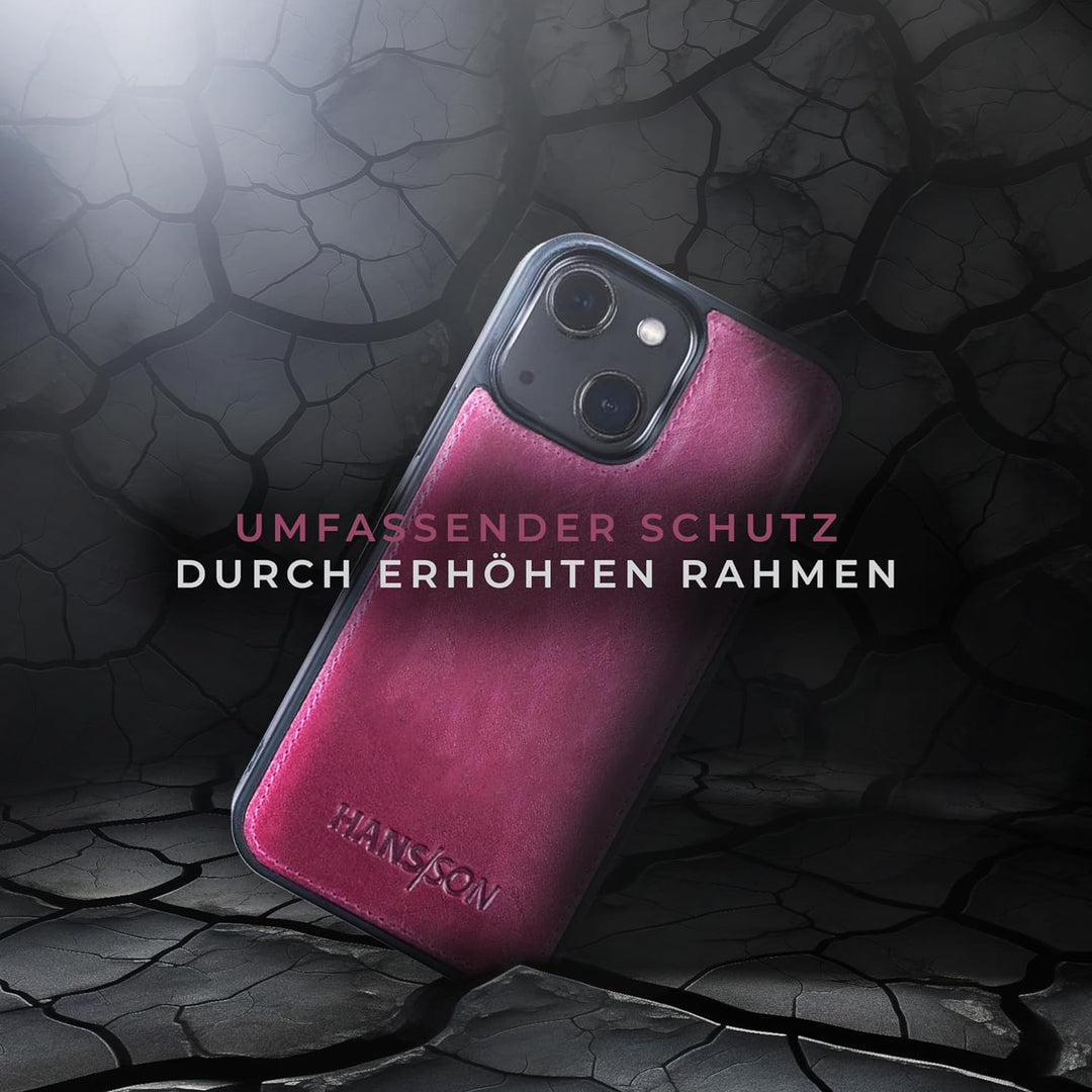 HANS/SON Hülle aus Echtleder kompatibel mit iPhone 13, Magenta, Lederhülle mit Kartenfächern, abnehm