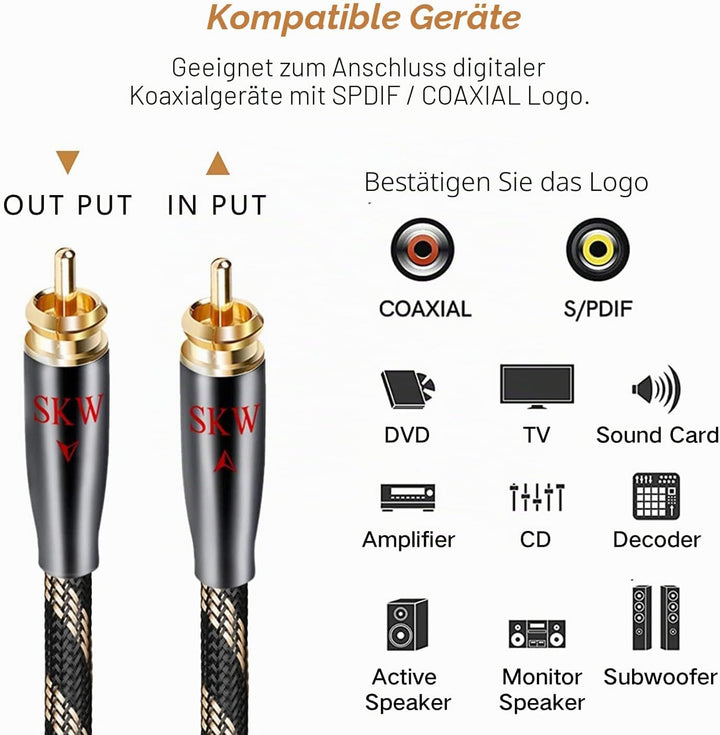 SKW Cinch auf Cinch Digitales Koaxial Kabel Subwoofer RCA Kabel für Verstärker, Stereoanlage, HiFi-A
