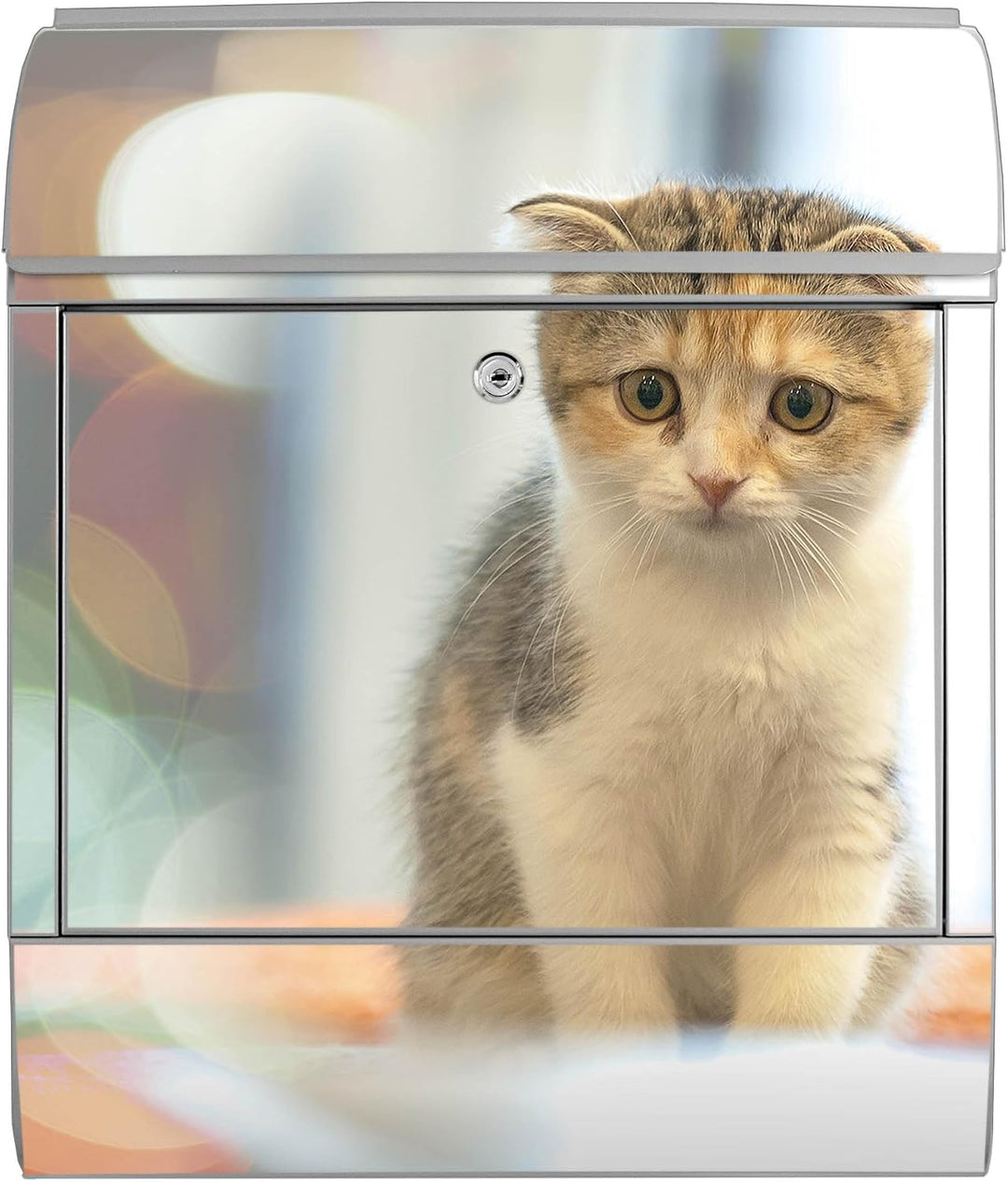 banjado® Design Briefkasten mit Motiv Kleine Katze 39x47x14cm &amp; 2 Schlüssel - Briefkasten Stahl Silb