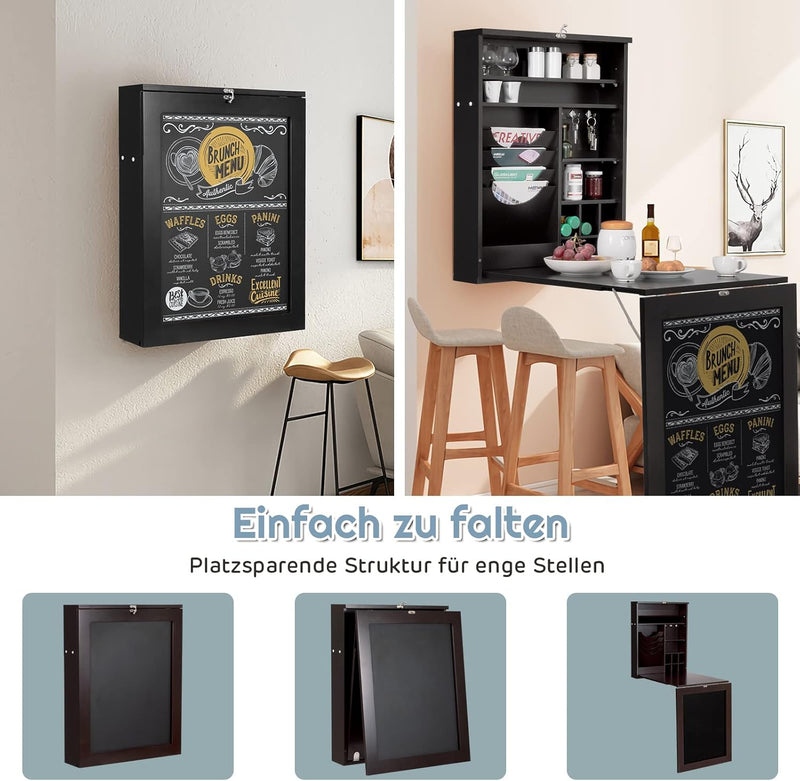 COSTWAY Wandtisch klappbar, Wandklapptisch mit Tafel, multifunktional Bartisch Esstisch wandmontiert