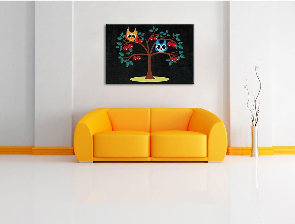 Pixxprint Niedliche Eulen auf Kirschbaum als Leinwandbild/Grösse: 100x70 / Wandbild/Kunstdruck/ferti