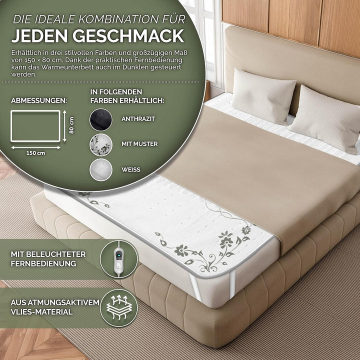 sinnlein Wärmeunterbett 150x80cm mit Abschaltautomatik | Heizdecke mit 3 Temperaturstufen | Wärmebet