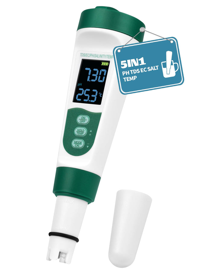 PH Messgerät 5IN1 TDS EC PH Temp Salt(%) Wassertester für Pools Trinkwasser Hyydrokultur Whirlpool A