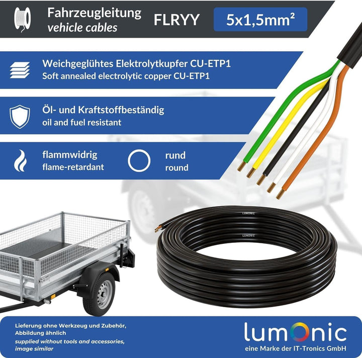 10m Lumonic 1m FLRYY Fahrzeugkabel 5 adrig I Fahrzeugleitung mit Kabelquerschnitt 5x 1,5mm² I Kabel