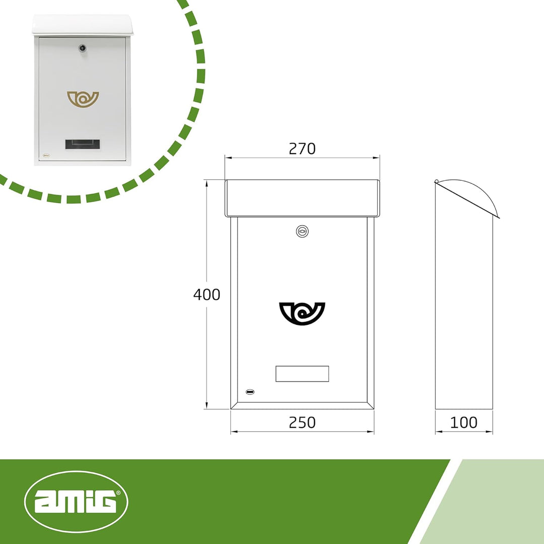Amig - Aussenbriefkasten, Briefkasten für den Aussenbereich | Briefkasten für Wände, Mauern oder Tür