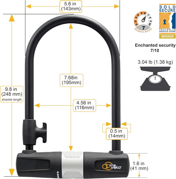 Via Velo Fahrrad Bügelschloss mit Kabel Fahrradschloss 14 mm Bügel und 10 mm x 1,8 m Kabel mit Halte