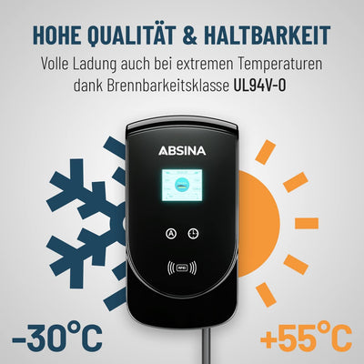 ABSINA Wallbox 11kW mit Typ 2 Ladekabel 5 Meter - Ladeleistung einstellbar bis 16A - 1 & 3 phasig da