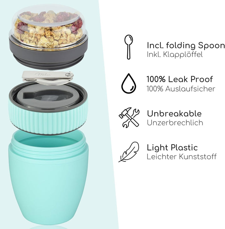 Milu Müslibecher to go 400ml MüsliMax Plastik Joghurtbecher für Müsli I auslaufsicherer Becher mit L