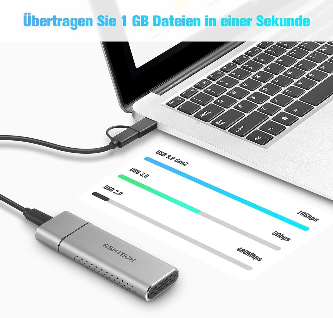 RSHTECH Nvme SSD M.2 Gehäuse Aluminium - USB M.2 Adapter, USB 3.2 Gen 2 10gbps PCIe - UASP Trim - SA