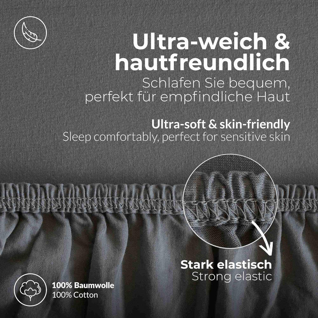 etérea Jersey Spannbettlaken 180x200cm Anthrazit bis 25 cm Höhe - 100% Baumwolle Comfort Spannbetttu