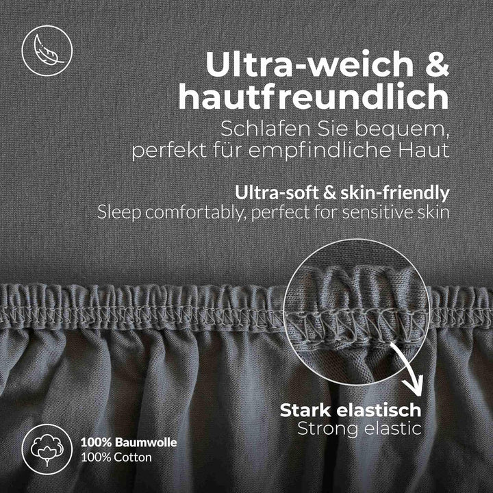 etérea Jersey Spannbettlaken 180x200cm Anthrazit bis 25 cm Höhe - 100% Baumwolle Comfort Spannbetttu