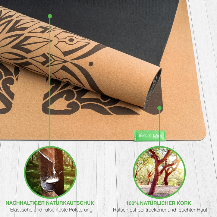 BACKLAXX ® Yogamatte Kork XXL [50% mehr Fläche] mit Naturkautschuk | Yoga-Matte rutschfest | nachhal
