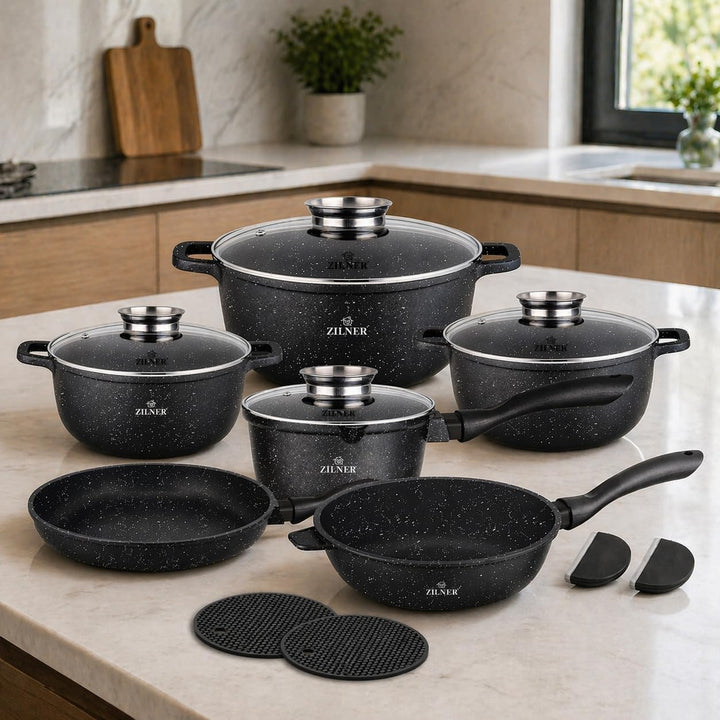 Topfset Induktion 14-teilig – Marmorbeschichtung Töpfe & Pfannen Set mit Glasdeckel, Kochtopf Set fü