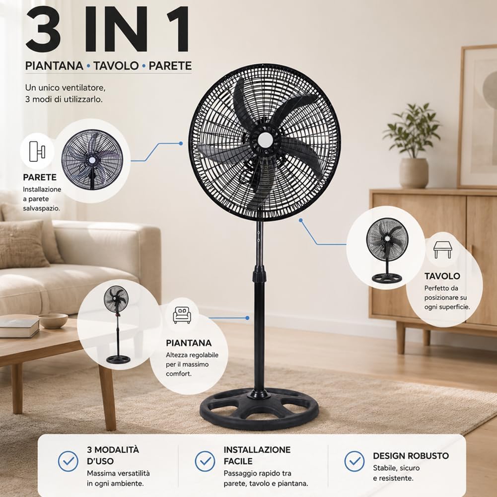 BAKAJI Ventilator 3-in-1, Tischventilator aus Stahl und Kunststoff, 3 einstellbare Geschwindigkeiten