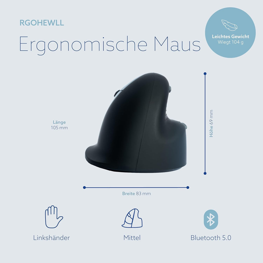 R-Go HE Ergonomische Maus, Für linkshänder, 2.4G Kabellos, 500/1000/1750 DPI, 5 Tasten, Vertikale er